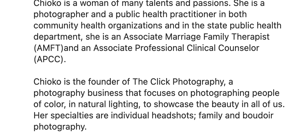 BWUSac's tweet photo. Our #WCW, Chioko Grevious (she/her/hers,) will provide photography (headshot photos) for the Black Womxn’s Festival!
Connect with Chioko:
IG- @chiokotheshooter or @chiokothebeekeeper.
Visit her website- https://t.co/v3FUFruo4T

#BWU #Theclickphotography #Festival #BlackWomen https://t.co/VYzLU12uda