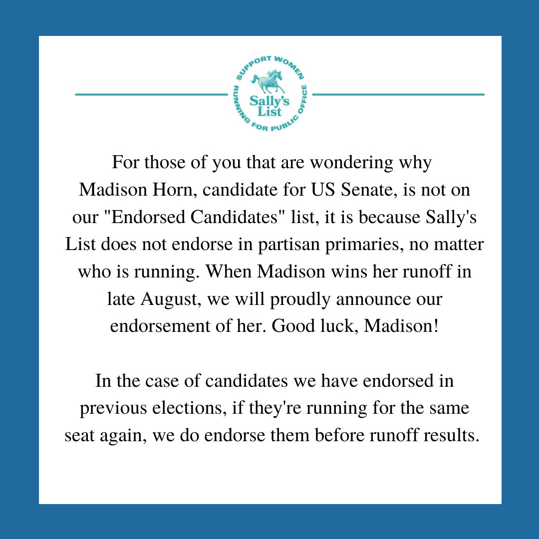 SallysList's tweet photo. A second round of endorsements will be coming after the runoff primary and special elections have concluded! https://t.co/1eLIRtGQNz