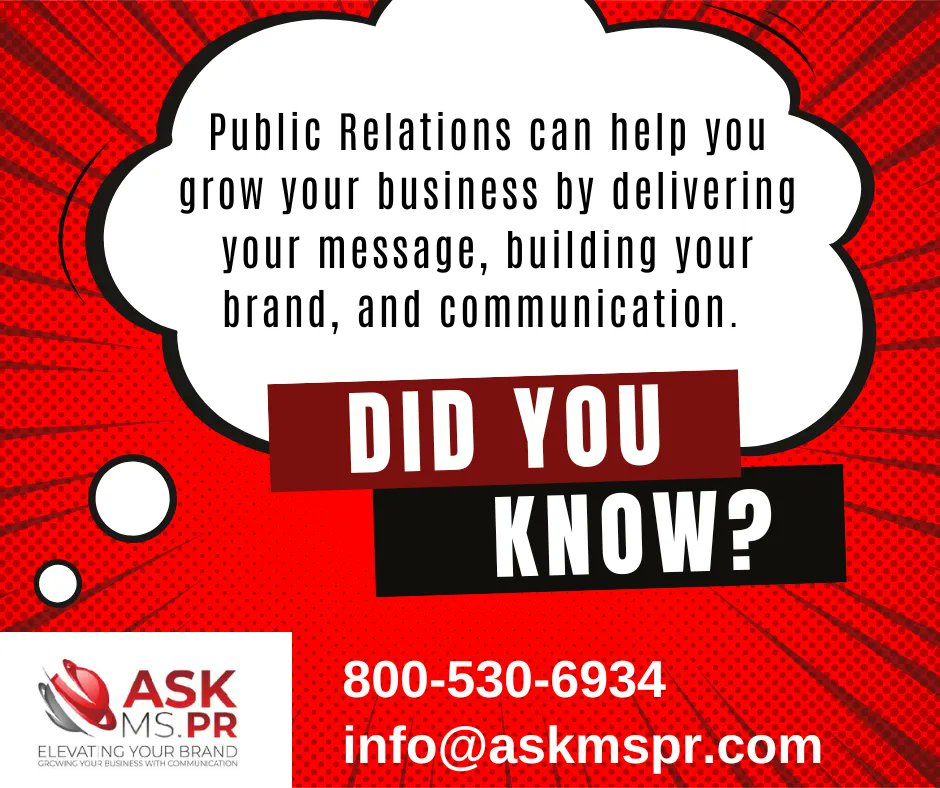 ASK_MS_PR_1's tweet image. Did You Know!

Public Relations can help you grow your business by delivering your message, building your brand, and communication.

#pr #PublicRelations #marketing #branding #communicating