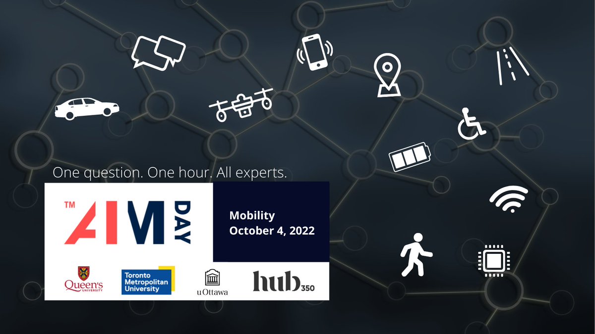 One question. One hour. All experts. Tackle the most pressing mobility issues. #AIMday Mobility will bring together industry and academic experts in an exciting one day virtual event on Oct 4, 2022. More: queensu.ca/partnershipsan…
