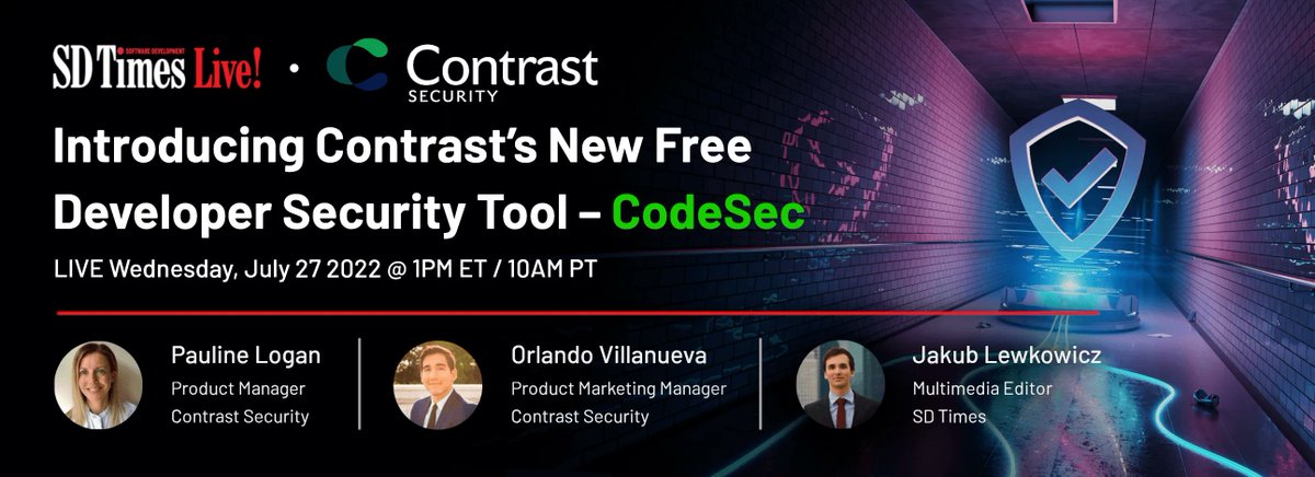 sdtimes's tweet photo. Register for TODAY'S #SDTimesLive! Webinar: Introducing @contrastsec's Free Developer Tool – #CodeSec! Register here to see a demo and access the free download: https://t.co/xh2qBfG7GW 
#SoftwareDeveloper #appdevelopers #Security #appsec https://t.co/mwMmXPYwfI