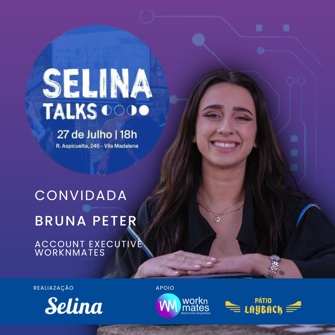 ¡Estamos en Selina Talks!
La increíble Bruna Peter Rosa compartirá experiencias y retos de las empresas al elegir una nueva #cultura organizacional. 
¡Nos vemos allá! 🚀 📍Rua Aspicuelta, 245 - Vila Madalena
#trabajoencualquierlugar #coworking  #selinabrasil #selinalife