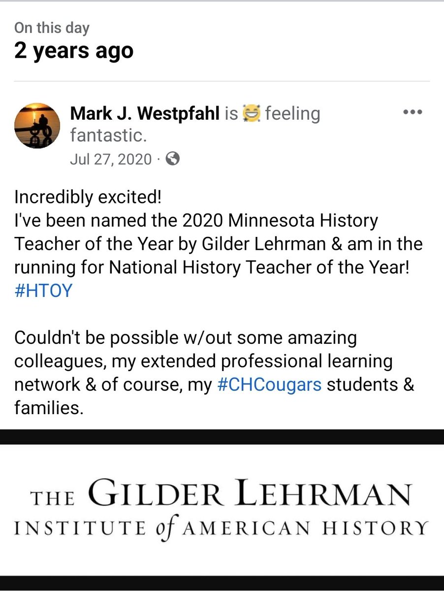 MarkJWestpfahl's tweet photo. 2 years ago today.
I still find it hard to believe that @Gilder_Lehrman honored me as the 2020 Minnesota History Teacher of the Year and named me a National Teacher of the Year Finalist.
#MNHToY #NHToY https://t.co/Dmlk6CXLDQ