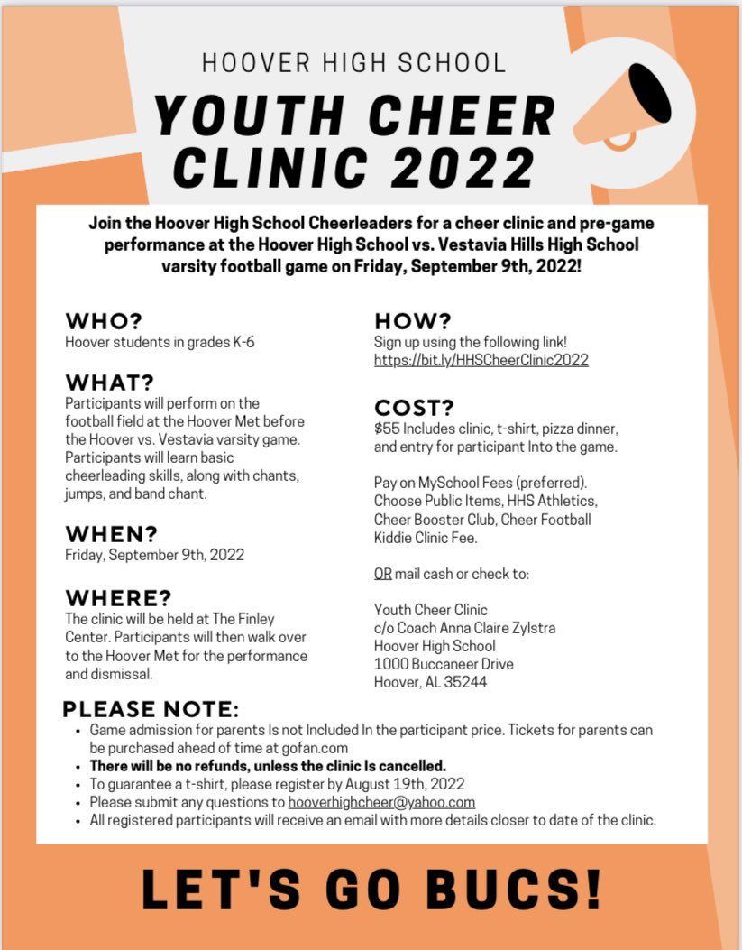 Do you have questions about Youth cheer Clinic? No worries we have you covered! ⬆️

Please submit any additional questions to hooverhighcheer@yahoo.com 🧡