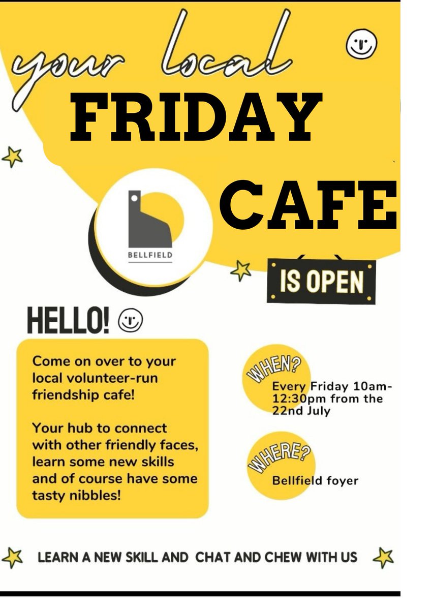 Come along to Bellfield Foyer Friday's at 10am-12:30pm for our weekly volunteer-run Café. Meet new people, connect with friendly faces, learn new skills and of course have some tasty nibbles.