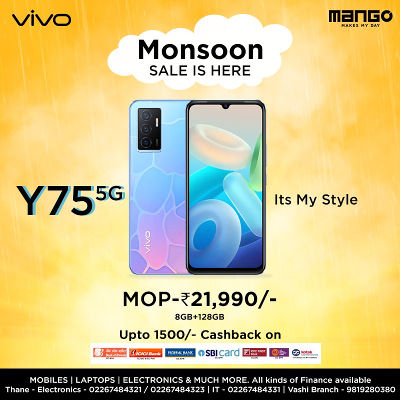 MangoTechThane's tweet photo. Flaunt your style with the elegant Vivo mobile phones at discounted price as Mango brings you the Ultimate Monsoon Sale.

Get instant Cashback &amp; Easy finance
For more details get in touch via DM or contact us on https://t.co/v7RQAZ52rc