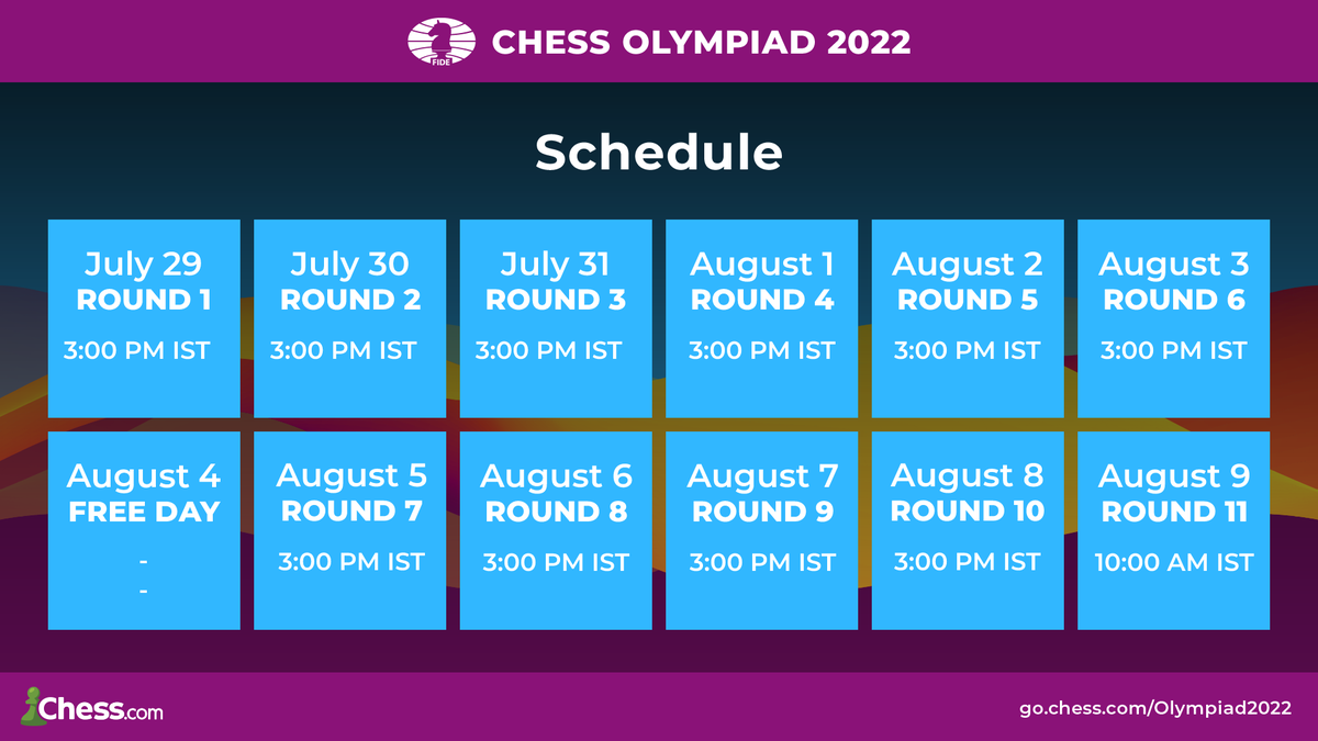 FIDE - International Chess Federation - 44th Chess Olympiad! #ChessOlympiad  July 28 - August 10 Chennai, India Games start at 15:00 IST, 11:30 CEST  Website: chessolympiad.fide.com Live: .com/fidechannel