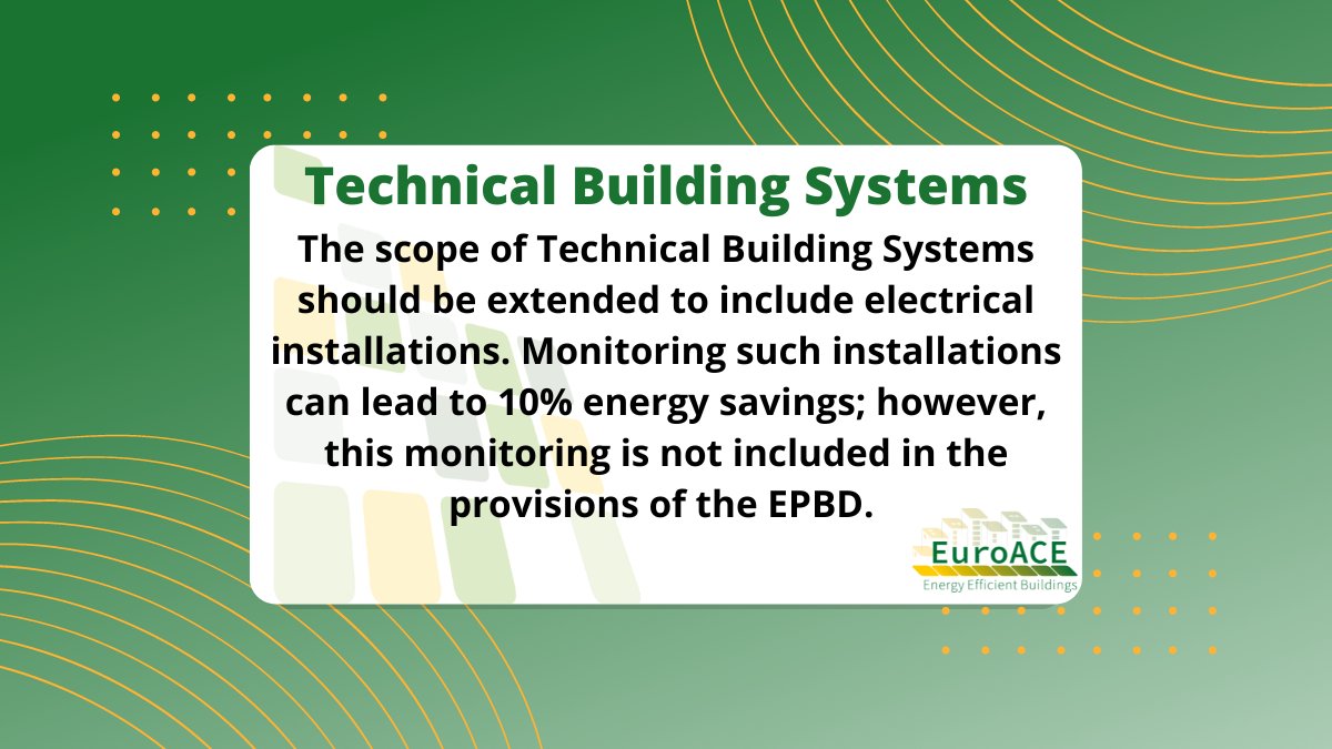 #TechnicalBuildingSystems scope should be extended, we recommend including efficiency of electrical installations in...
🟢 #TBS definition with monitoring equipment.
🟢 #Energyperformance definition.
🟢 Annex I with electrical loads.

📄#EPBD Feedback ➡️ bit.ly/3zlokox