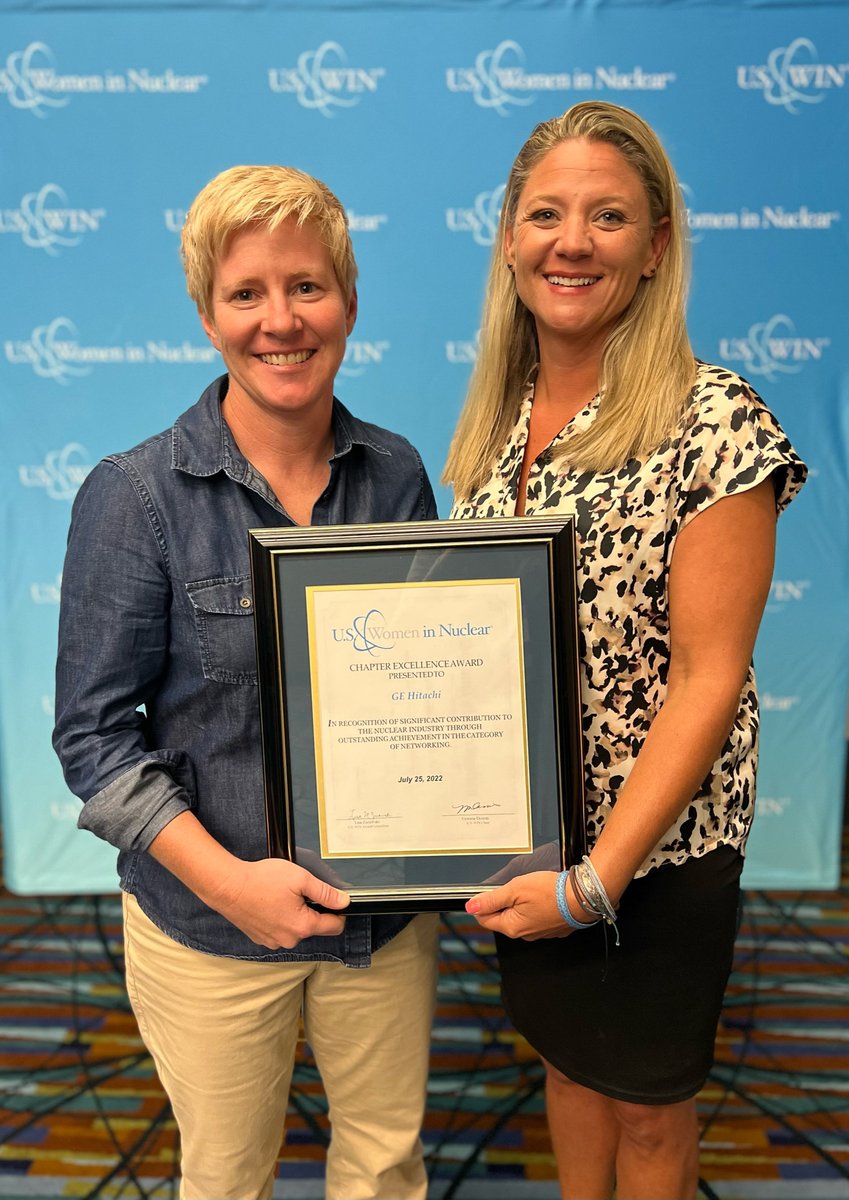 gvhnuclear's tweet photo. Wrapping up #USWIN2022 with a #GEProud moment. Pictured here are Sara Rudy and Eve Phillips, accepting the Chapter Excellence Award for Networking on behalf of the GE Hitachi @WomenInNuclear chapter. https://t.co/eFBZCXpoeg