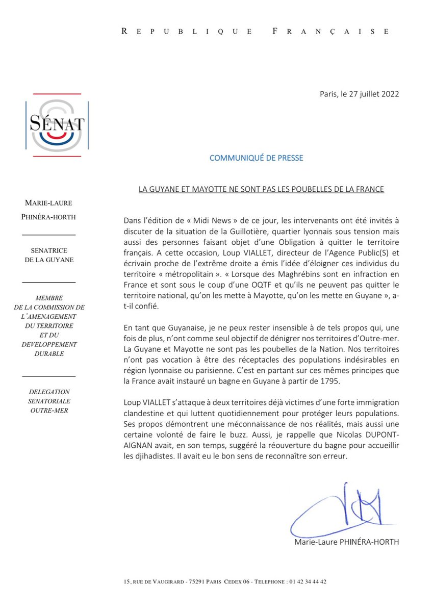 MLPhineraHorth's tweet image. Communiqué de la sénatrice @MLPhineraHorth concernant les propos inadmissibles de @LoupViallet sur la Guyane et Mayotte à #MidiNews de @CNEWS 
@YOANNUSAI