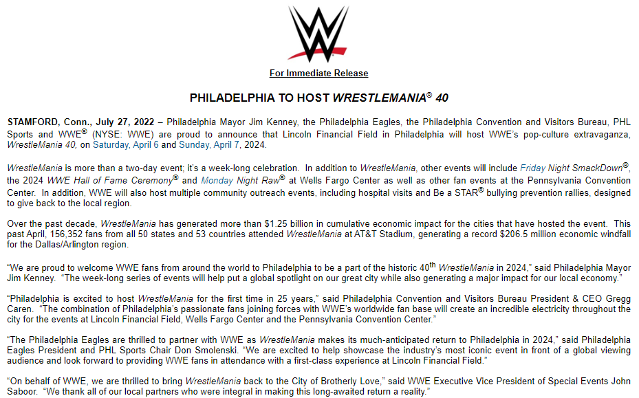 Philadelphia to host WrestleMania® 40 in 2024 