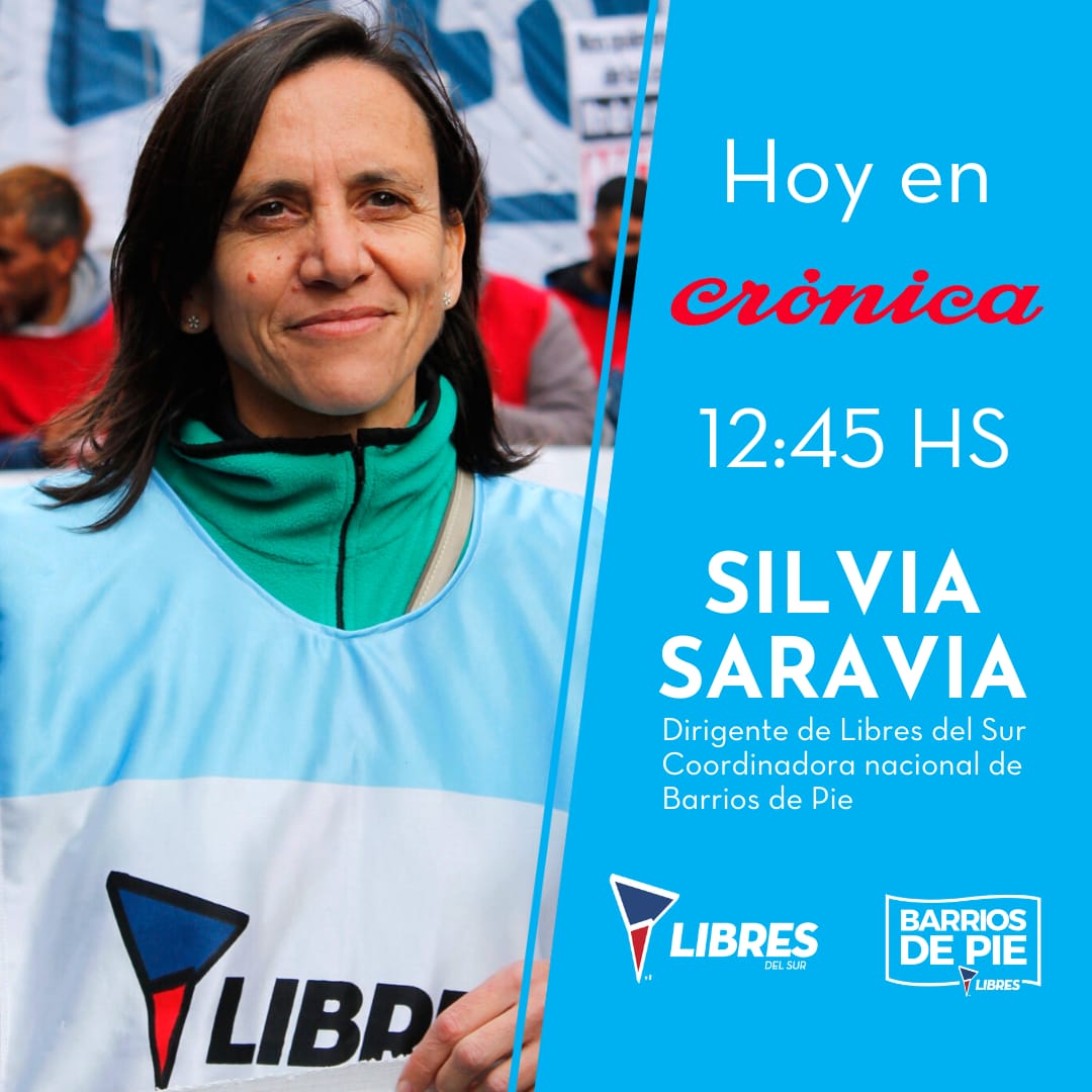MartinJuventud's tweet photo. Hoy va estar Silvia Saravia nuestra dirigente de Libres del Sur y coordinadora Nacional de Barrio de Pie, dando una entrevista en crónica a las 12:45
#barriodepie
#libresdelsur https://t.co/nuXhIfTqDg