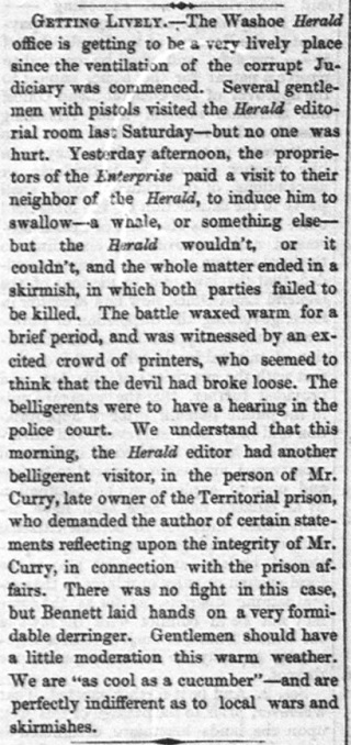 HistoryNevada's tweet photo. The Jul 27, 1864 Gold Hill News reported on some minor confrontations at the Washoe Herald newspaper office in Virginia City, Nevada Territory. https://t.co/tasUlFSN87 
"... the whole matter ended in a skirmish, in which both parties failed to be killed." https://t.co/KFeHJlUIes