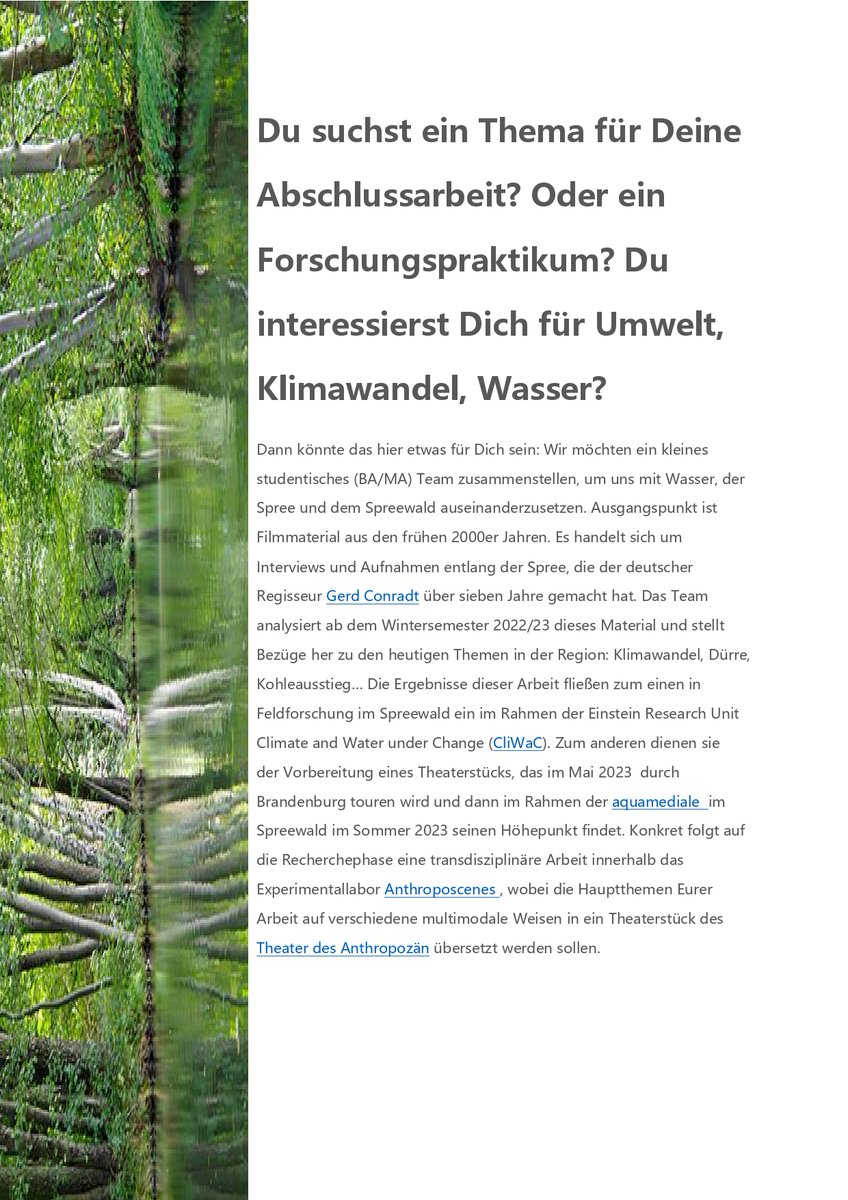 AnthropScenes's tweet photo. Du interessierst Dich für Umwelt, Klimawandel, Wasser &amp; suchst ein Forschungspraktikum oder ein Thema für Deine Abschlussarbeit?
Dann könnte das hier etwas für Dich sein: Wir stellen ein kleines Team zusammen, um mit uns Wasser, der Spree &amp; dem Spreewald auseinanderzusetzen👇 https://t.co/8OmkHRQMk8