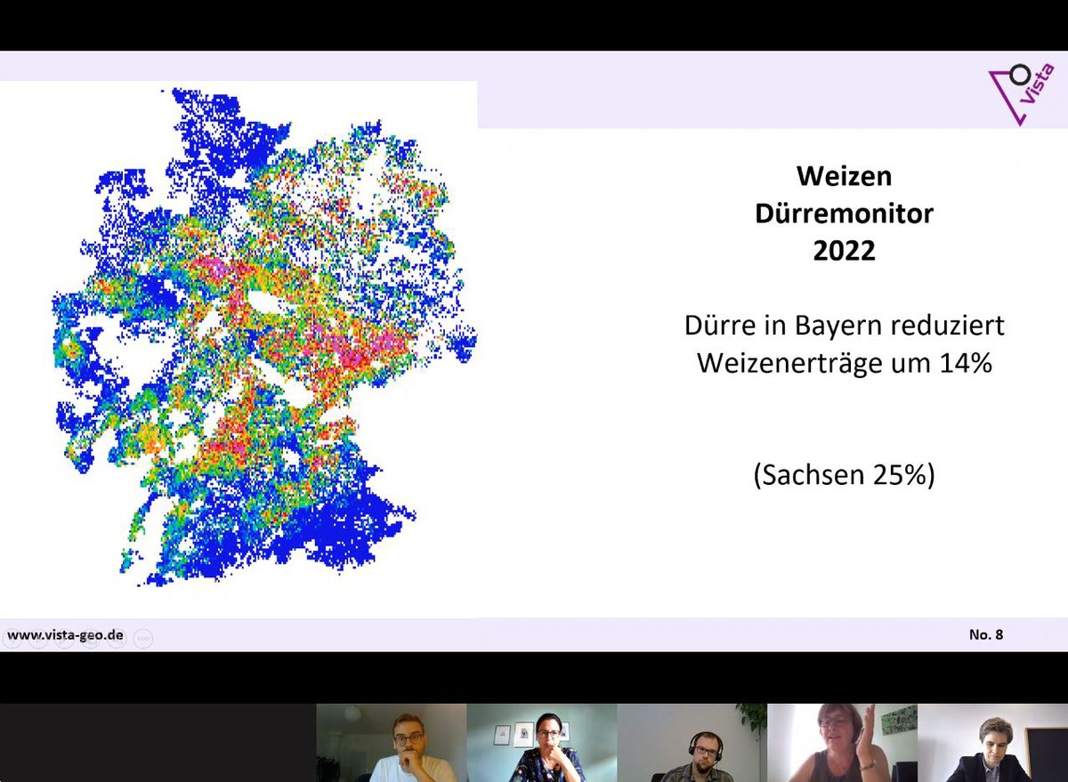 vista_geo's tweet photo. Digital Roundtable with Dr. Heike Bach and Bavarian daily newspapers about the upcoming harvest, climate change, our Ypsilon Yield Prediction Service and the role of satellite data for the sustainable optimization of agriculture. #YieldInGermany #drought https://t.co/DtVZgrbLfc