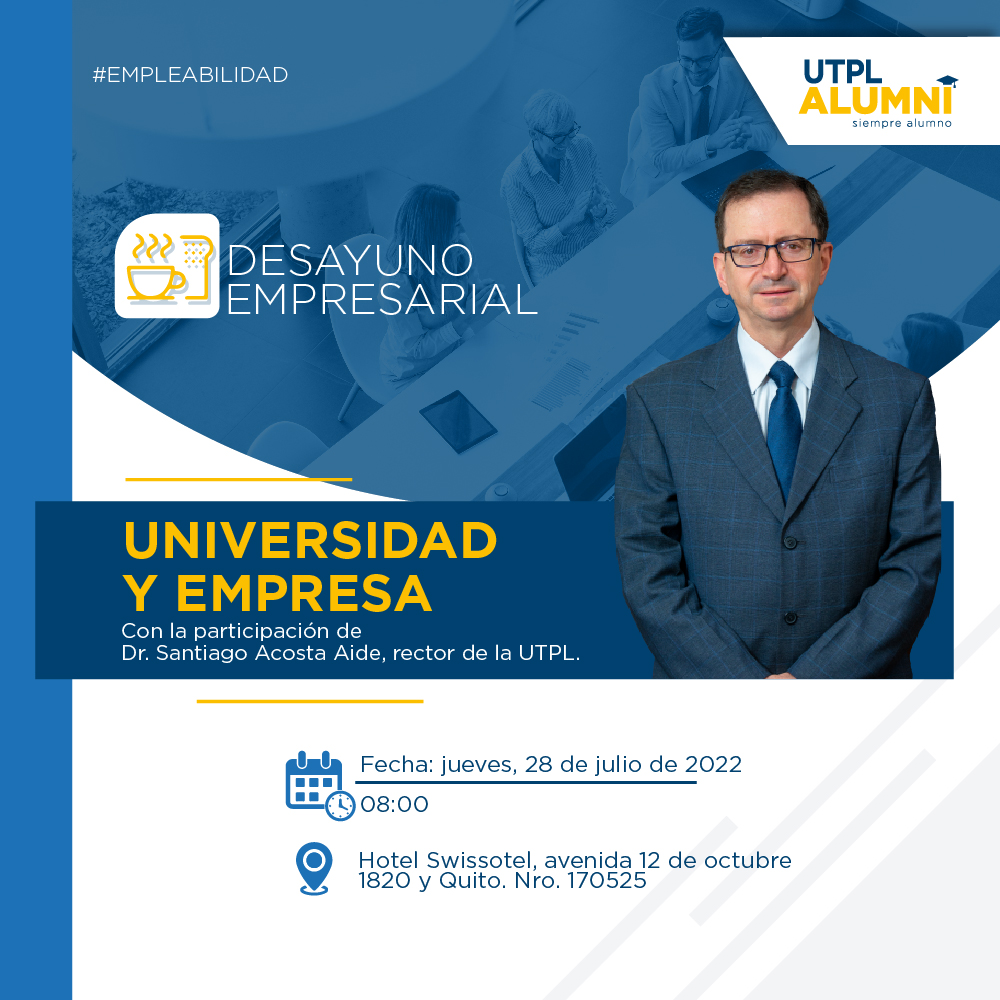 utpl's tweet photo. 🤝¡Fortalecemos alianzas estratégicas entre universidad y empresa para la innovación y la empleabilidad!
Rector #UTPL @acostaide participará del #DesayunoEmpresarial organizado por @UTPLAlumni en #Quito con actores estratégicos del sector productivo.
📌28/julio #VinculaciónUTPL https://t.co/2d0L4ixsdo