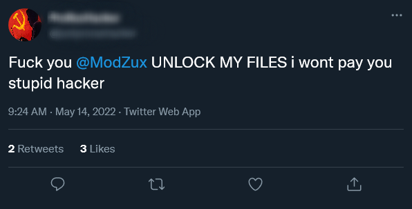 ModZux's tweet photo. Hello everyone, I'm back after a few months and I have an update for you about the #zuxransomware that affected Russian hackers. 21 hackers out of 48 paid ransom, which is 2.1 ETH. This money was sent to the war in Ukraine. Photos and confirmations are here:
#Anonymous #Ukraine https://t.co/GHxKZC5q1h