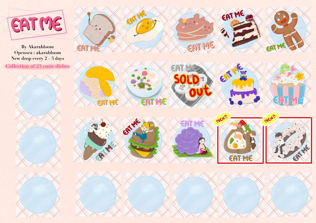 🤎 DROP ALERT 🤎
>> Eat me <<
NFT collection on Opensea

🥰 Dishes of the day 🥰
✨️ !! Check it now !!✨️

🍓 #14 Fruit roll cake
opensea.io/assets/ethereu…

🍩 #15 Chocolate donut
opensea.io/assets/ethereu…

💎 Price 0.008 ETH/each

#ThaiNFT #NFTdrop #NFTcollections #NFTTHAILAND