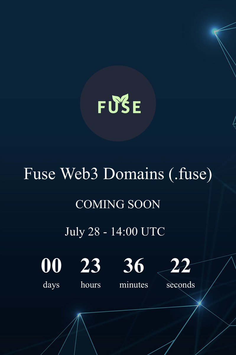 fusedomains's tweet photo. One more day until mainnet. Really looking forward to own .fuse domain 🔥🔥🔥 July 28 - 14:00 UTC
@Fuse_network #FUSE #fusenetwork $fuse #web3 #web3domains #ens https://t.co/22z595GhmJ