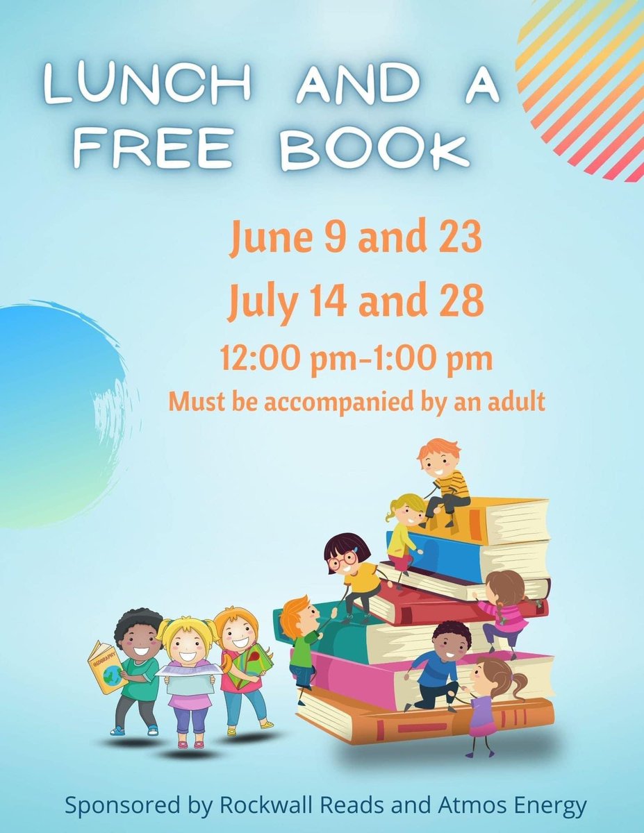 If your child is a student in Rockwall ISD, tomorrow is your last chance to get a free book to finish up summer reading! Come to Dobbs Elementary from 12-1 for lunch(students free, small cost for adults) and a new book!