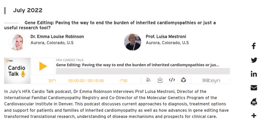 Check out our latest HFA @escardio #Cardiotalk podcast interviewing Prof Luisa Mestroni of @CUAnschutz on how gene editing could shape the future of inherited cardiomyopathies. 
Available several platforms including Google Podcasts and Spotify.@HFA_President @CUCardiology