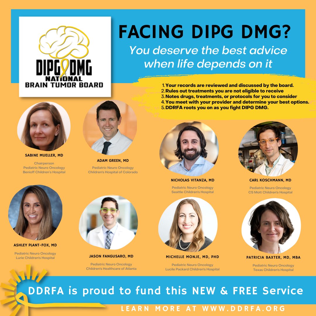dipgalliance's tweet image. #DDRFA is honored to fund the establishment &amp;amp; operations of the DIPG DMG National Tumor Board. This board brings 8 of the country’s greatest minds in the #DIPG #DMG medical field, for the first time, together on a project. DDRFA.org. 

#Goldstrong
#ChildhoodCancer