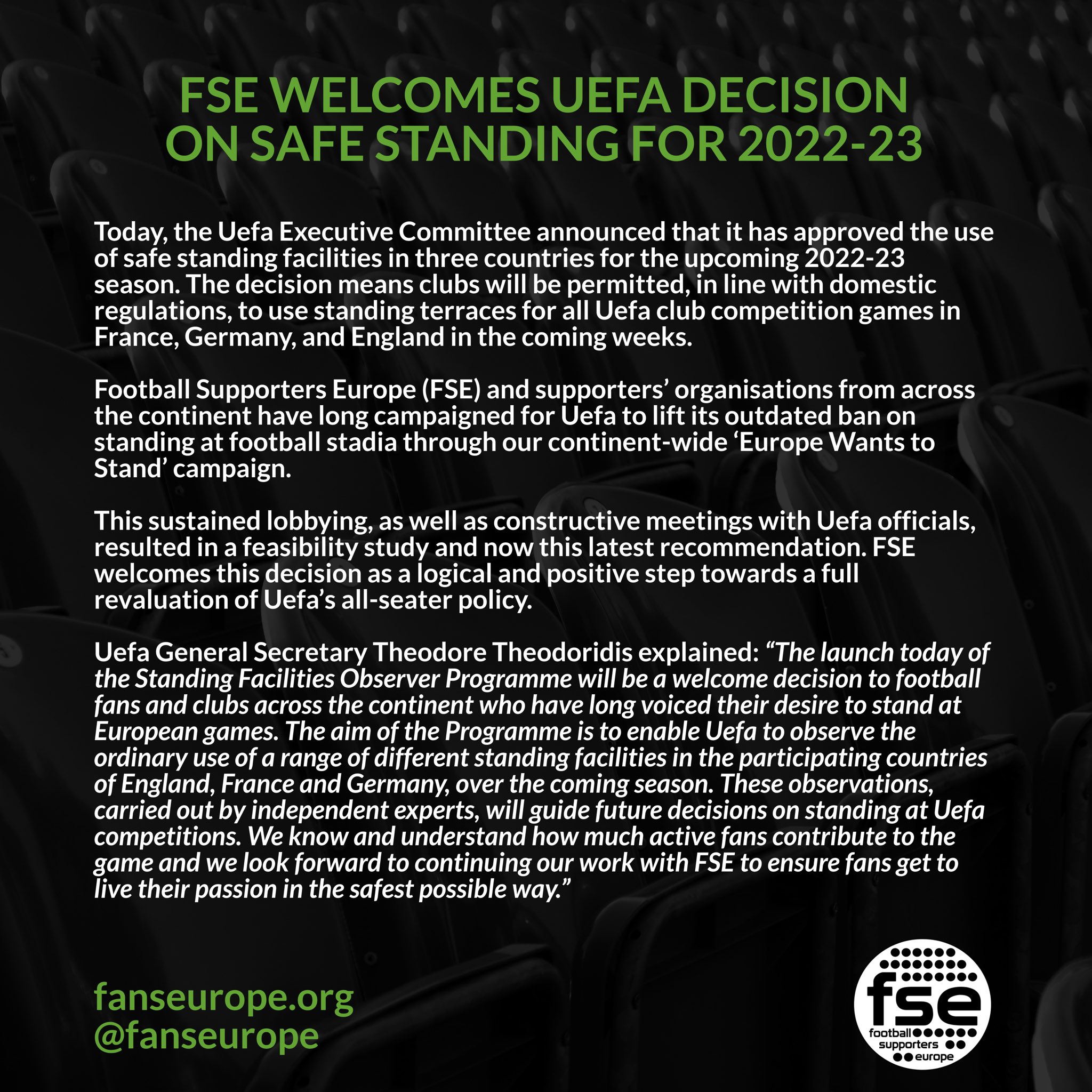 FSE’s statement on the Uefa Executive Committee’s decision to approve the use of safe standing facilities in three countries (England, France, and Germany) during the 2022-23 season. The statement is entitled ‘FSE Welcomes Uefa Decision on Safe Standing for 2022-23’.