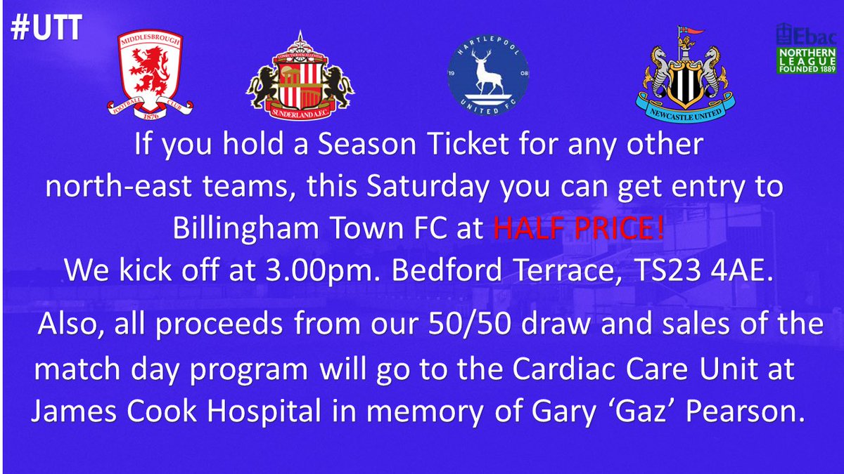 Billingham Town FC (@billinghamtown) on Twitter photo Season ticket holders for other clubs can get HALF PRICE ENTRY to Billingham Town FC this Saturday.
Also, we will be doing some fundraising to aid the Cardiac Care Unit at James Cook Hospital for Gary ‘Gaz’ Pearson.
Turnstile/Clubhouse: 1.00pm
#UTT
🔵⚪️
<a href="/jamesburrellltd/">James Burrell Ltd</a> Season ticket holders for other clubs can get HALF PRICE ENTRY to Billingham Town FC this Saturday.
Also, we will be doing some fundraising to aid the Cardiac Care Unit at James Cook Hospital for Gary ‘Gaz’ Pearson.
Turnstile/Clubhouse: 1.00pm
#UTT
🔵⚪️
<a href="/jamesburrellltd/">James Burrell Ltd</a>