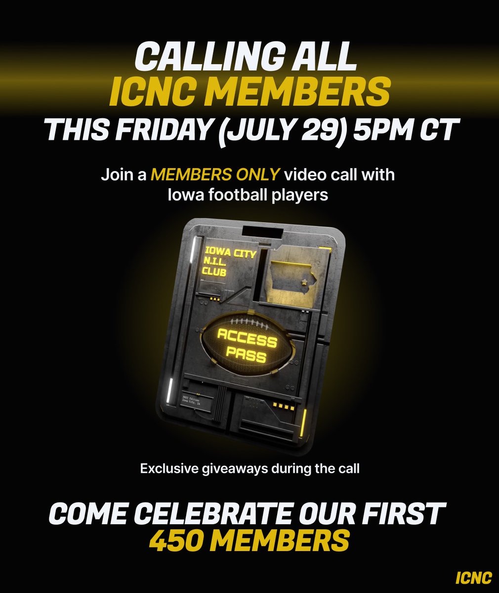 This Friday will be the FIRST members-only event for the Iowa City NIL Club. Come join the team for a video call to celebrate our club hitting 450 members! #Hawkeyes