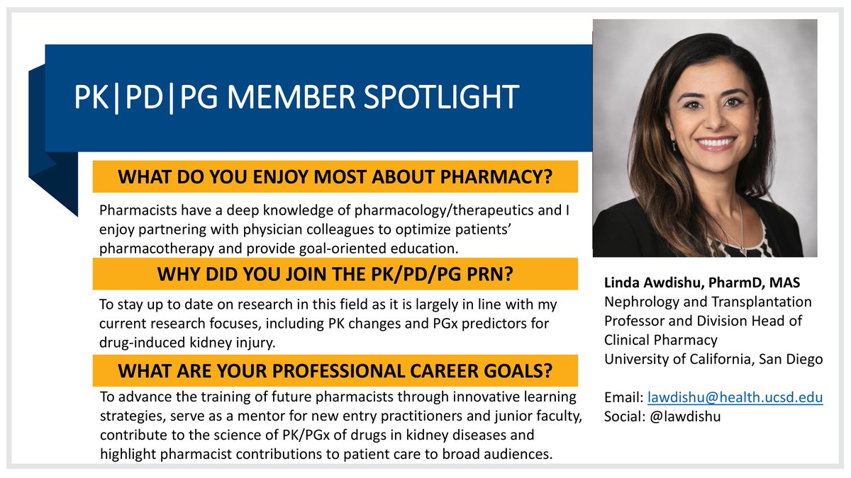 ACCP PKPDPG PRN (@pkpdpg) on Twitter photo It's our pleasure to spotlight <a href="/LAwdishu/">Linda Awdishu</a>, PharmD, MAS, Professor and Chair of the Division of Clinical Pharmacy at the University of California, San Diego School of Pharmacy. Expert members like Dr. Awdishu are what make the PK/PD/PG PRN great! #pharmacists #precisionmedicine It's our pleasure to spotlight <a href="/LAwdishu/">Linda Awdishu</a>, PharmD, MAS, Professor and Chair of the Division of Clinical Pharmacy at the University of California, San Diego School of Pharmacy. Expert members like Dr. Awdishu are what make the PK/PD/PG PRN great! #pharmacists #precisionmedicine