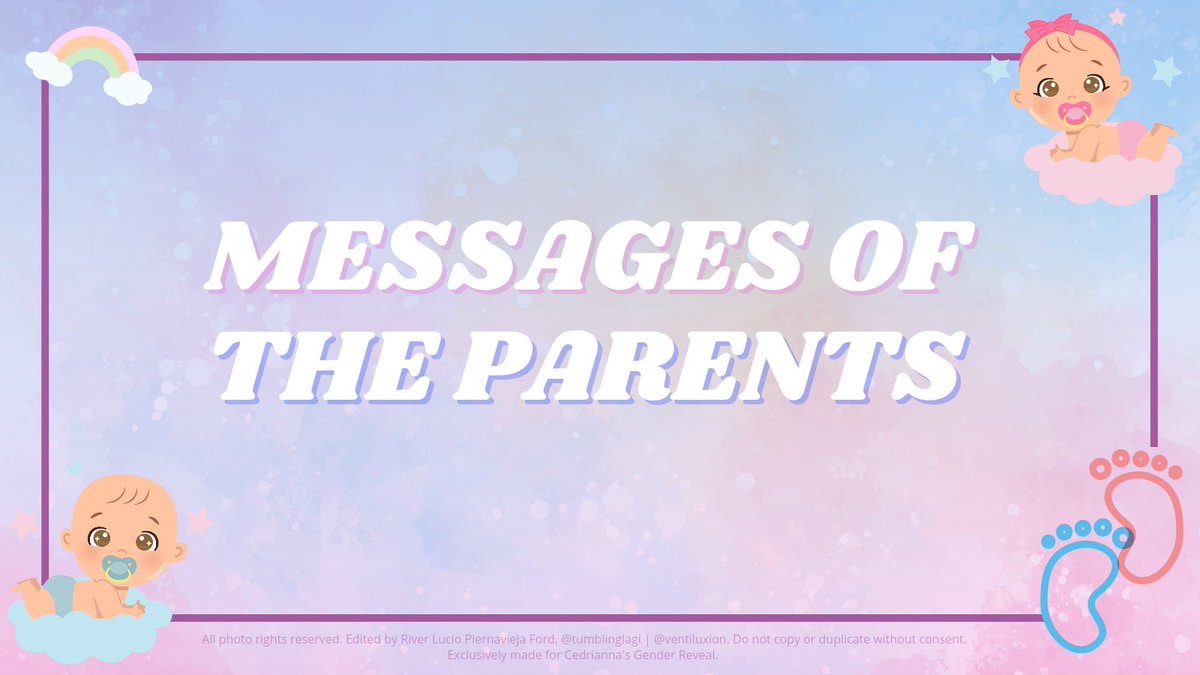 ㅤ 

ㅤㅤ 🍼  MESSAGES⠀OF⠀THE⠀PARENTS.⠀
        CC'S BABY GENDER REVEAL

#CedriannaBaby #IkawParinAngBabyQ
#TeamBoyAko #TeamGirlAko

ㅤ