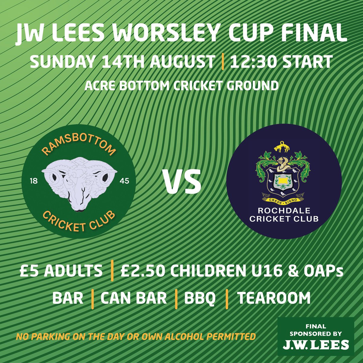 Info and ticket details for the JW Lees Worsley Cup Final are now on the website. Follow the link to the article. Looking forward to welcoming <a href="/RochdaleCricket/">Rochdale CC</a> to Acre Bottom on 14th August 💚💛💛💛 ramsbottomcc.com/jw-lees-worsle…