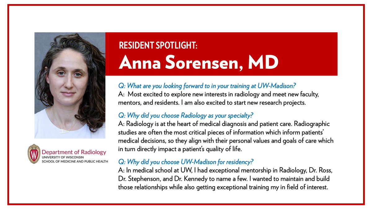Meet @AnnaM_Sorensen, one of our newest residents at @UWiscRadiology! Dr. Sorensen is a Badger at heart, completing her medical degree & internship at @uwsmph. Learn more about her below!
