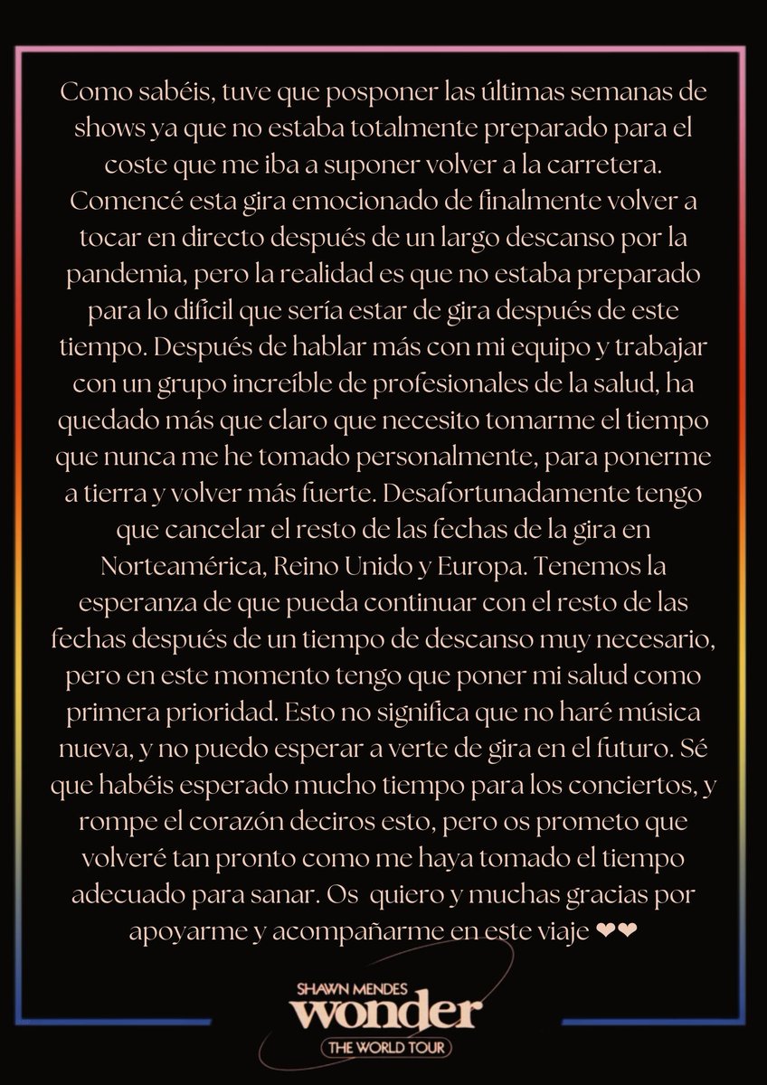 🚨 Lamentablemente Shawn cancelará el tour de Norteamérica, UK y Europa por problemas de salud mental.

Este ha sido el comunicado que ha sacado al respecto: