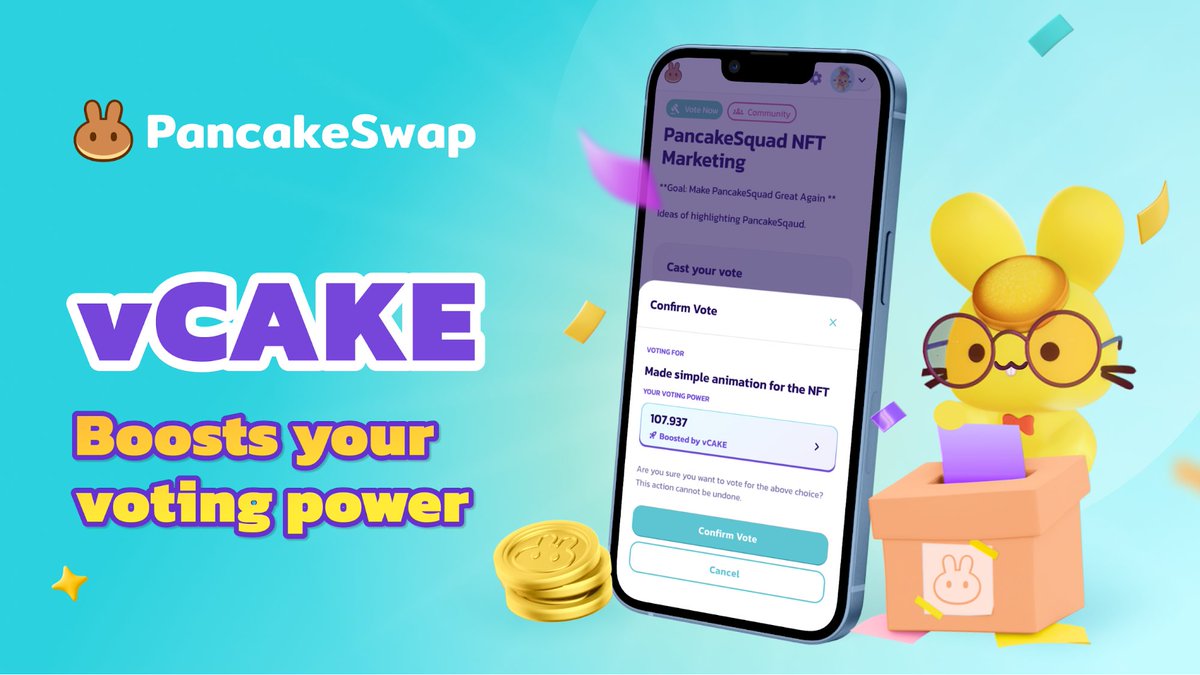 🎉🥞 Loyal CAKE holders, we are excited to announce vCAKE - weighted voting power, a new fixed-term CAKE staking benefits

📖 Learn more: bit.ly/3BigL2R

🗳️ Vote starts: Jul 29, 13:30 UTC
💬 Special AMA for vCAKE: Jul 29, 13:00 UTC. Submit your question in this thread 👇