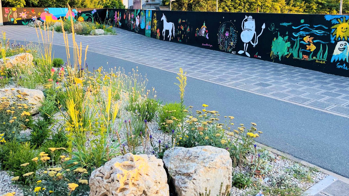 In der Katzwanger Straße in #Nürnberg haben wir einen illegal als LKW-Parkplatz genutzten Gehsteig verschönert. Wir haben Teilstücke entsiegelt und mit insektenfreundlichen Blumen bepflanzt. Die Wand hat die Künstlerin Marissa Herzog mit Menschen aus dem Stadtteil gestaltet.