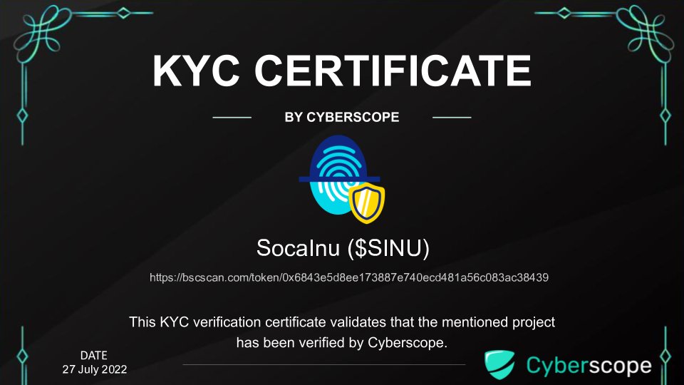 We just finished the KYC for
 <a href="/SocaInu/">Soca Inu</a>

Check the certification.
coinscope.co/coin/2-sinu/kyc

Want to get KYC for your project?
cyberscope.io

#Crypto #Blockchain #Kyc