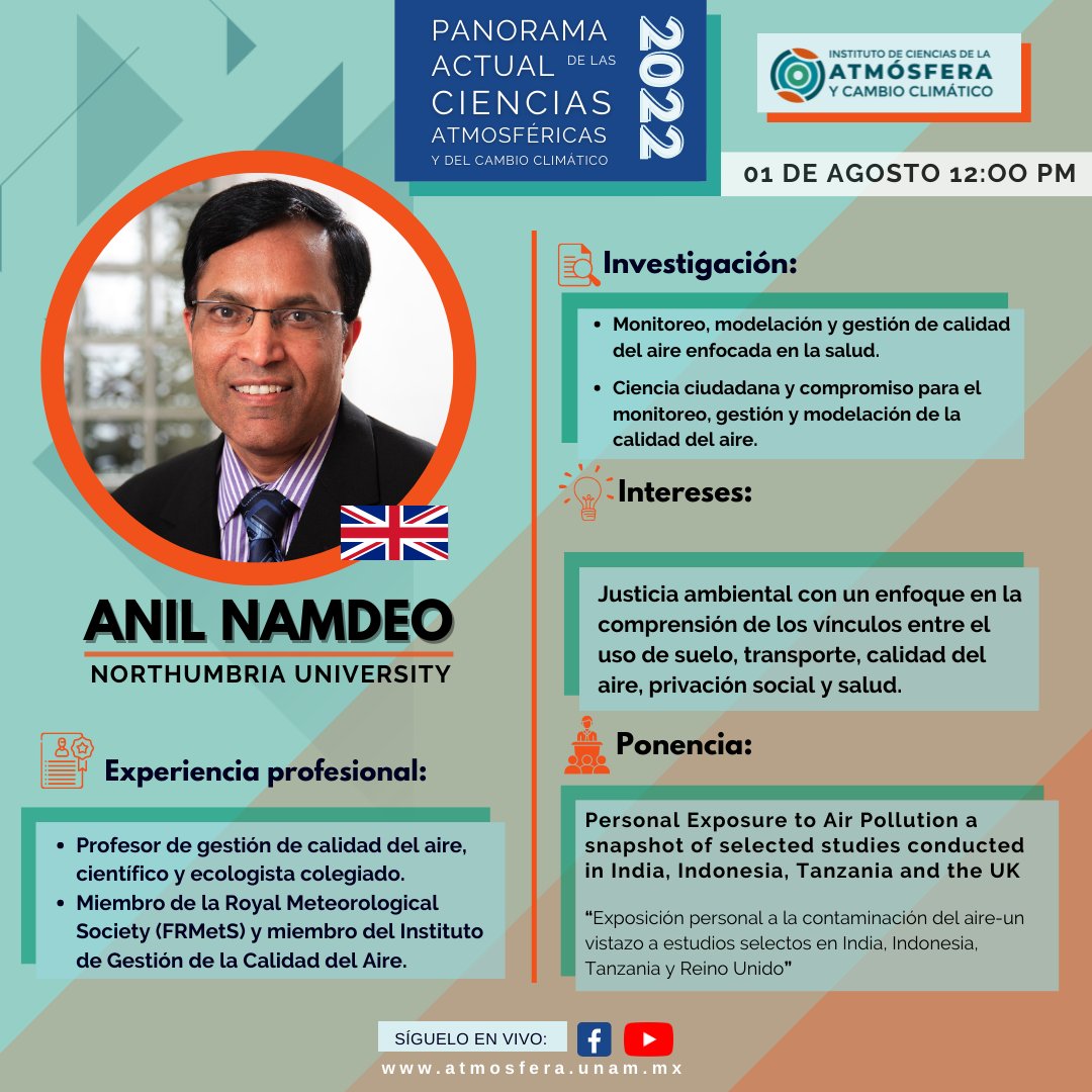Inst de Ciencias de la Atmósfera y Cambio Climátic (@icaycc_unam) on Twitter photo Conoce un poco sobre la conferencia que <a href="/AnilNamdeoNCL/">Anil Namdeo</a> impartirá en el Panorama Actual de las Ciencias Atmosféricas y del Cambio Climático el 01 de agosto. Consulta el programa completo en: atmosfera.unam.mx/panorama-2022/ 🌎✨
Sigue el evento a través de Facebook Live y YouTube Conoce un poco sobre la conferencia que <a href="/AnilNamdeoNCL/">Anil Namdeo</a> impartirá en el Panorama Actual de las Ciencias Atmosféricas y del Cambio Climático el 01 de agosto. Consulta el programa completo en: atmosfera.unam.mx/panorama-2022/ 🌎✨
Sigue el evento a través de Facebook Live y YouTube
