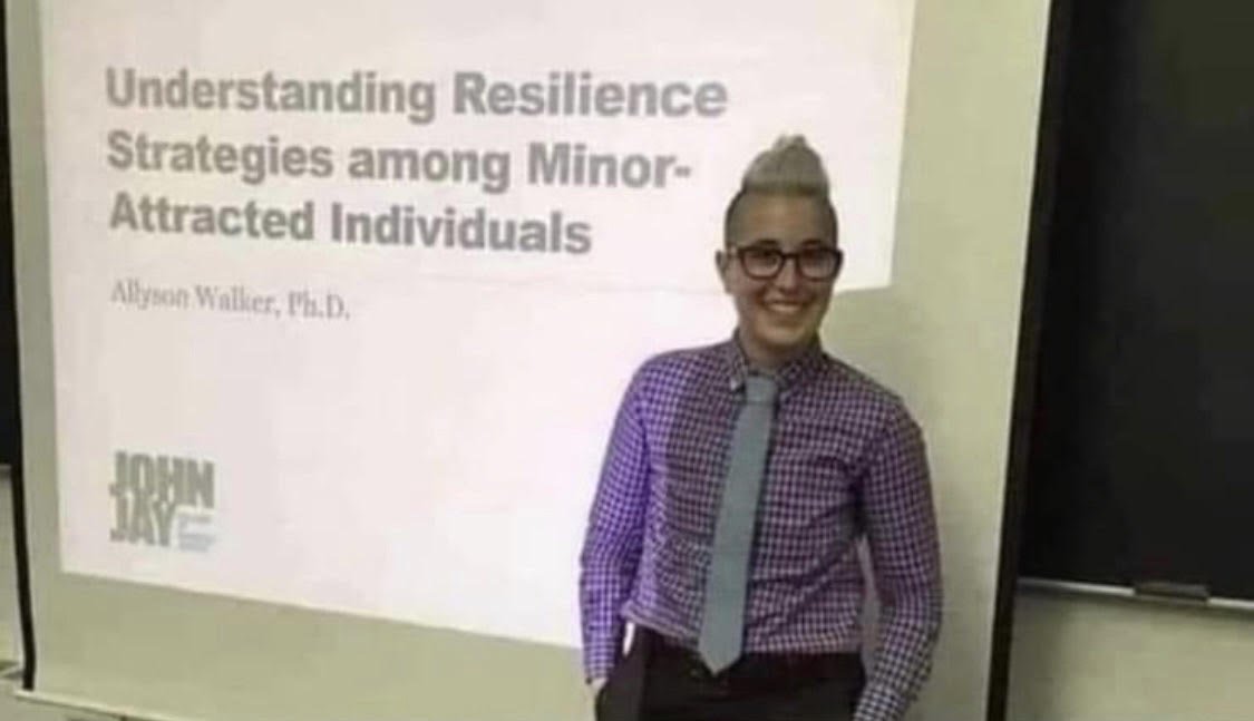 CBHeresy's tweet photo. Allyn Walker- a sociologist associated with Johns Hopkins and the author of "A Long, Dark Shadow: Minor-Attracted People and Their Pursuit of Dignity"-  presented this for John Jay College.

She has argued attraction to children isn't immoral and works to destigmatize pedophilia. https://t.co/V0UhVIncqj