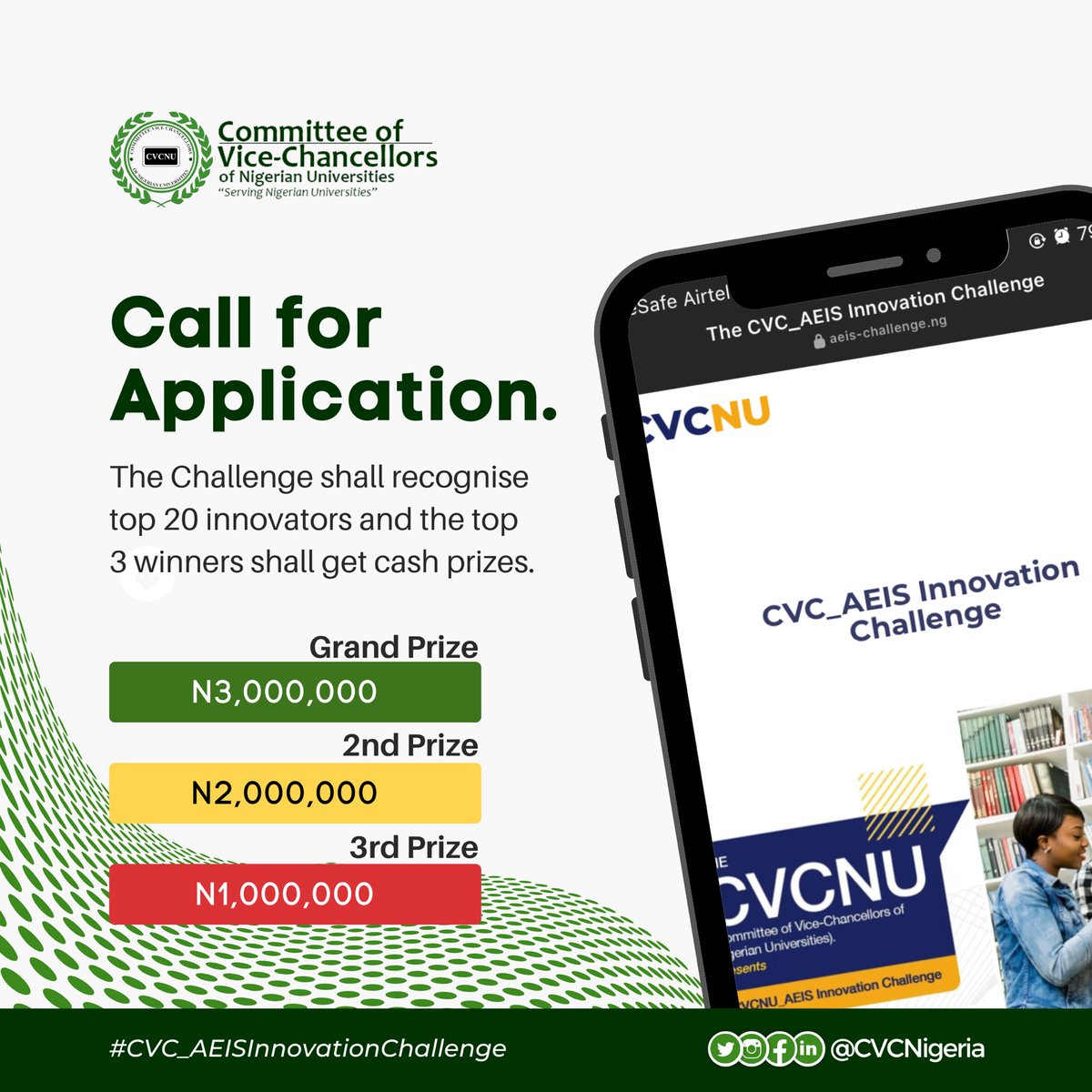 CVCNU's tweet photo. The CVCNU_AEIS Application Portal closes soon.

Are you a student or staff of any Public or Private University in Nigeria?

You can click the link in our bio to apply for this challenge. 

You don't want to miss the amazing cash prices for the winners. 

#cvcnu
#cvc@60
#cvc.aeis https://t.co/qRvA85ZdEU