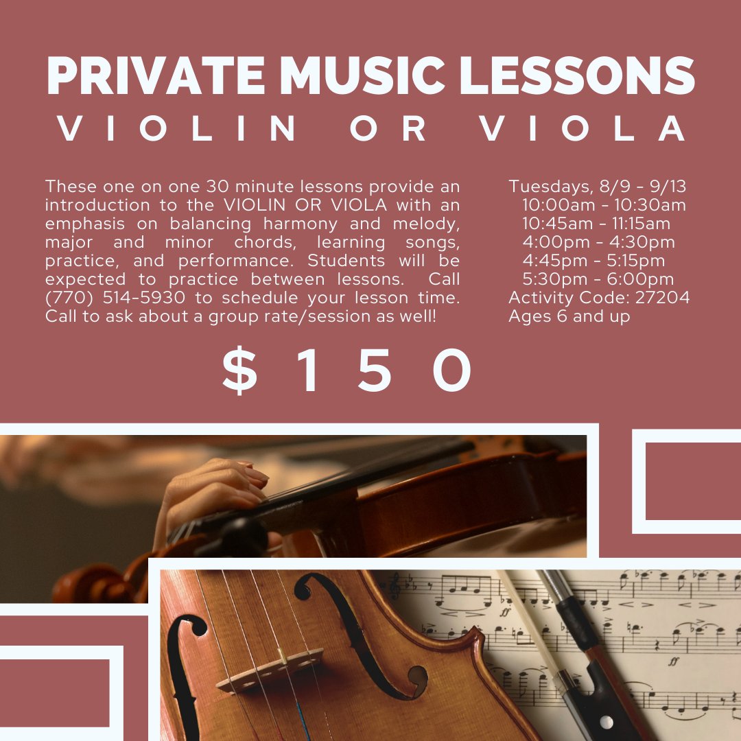 ArtStationCobb's tweet photo. Find your harmony with the tips of your fingers in our up and coming Private Music Lessons for violin and viola!
To register, visit https://t.co/XmdtvQlcbJ or give us a call at 770-514-5930. #cobbparks #cobbculturalaffairs #violin #viola #musiclessons #music https://t.co/VymdejRghQ