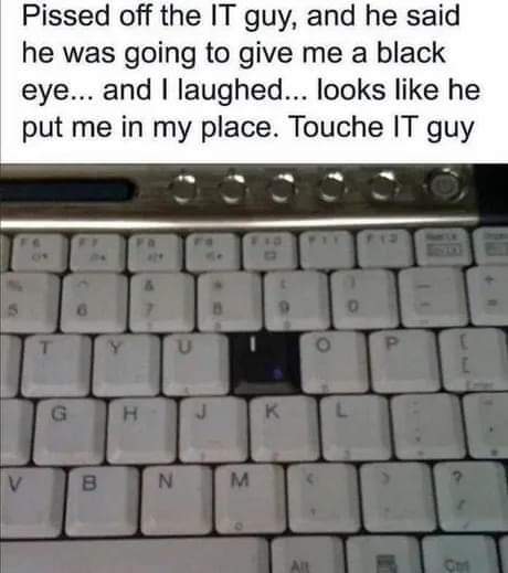 redlionsec's tweet photo. Touché IT Guy!

#humpdayhumor #punny #ITfunny #funny #ITmeme #CyberMeme #Computer #Dadabase https://t.co/mExF76UfpY
