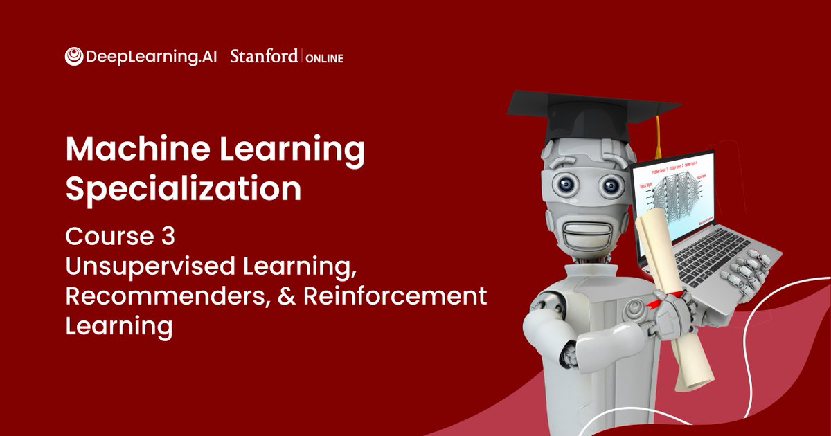DeepLearningAI's tweet image. We’re thrilled to announce that Unsupervised Learning and Recommender Systems - Course 3 of the Machine Learning Specialization - is now live on Coursera! 
If you’re looking to #BreakIntoAI this is a great foundational program for you!
Enroll now: hubs.la/Q01hGq_B0