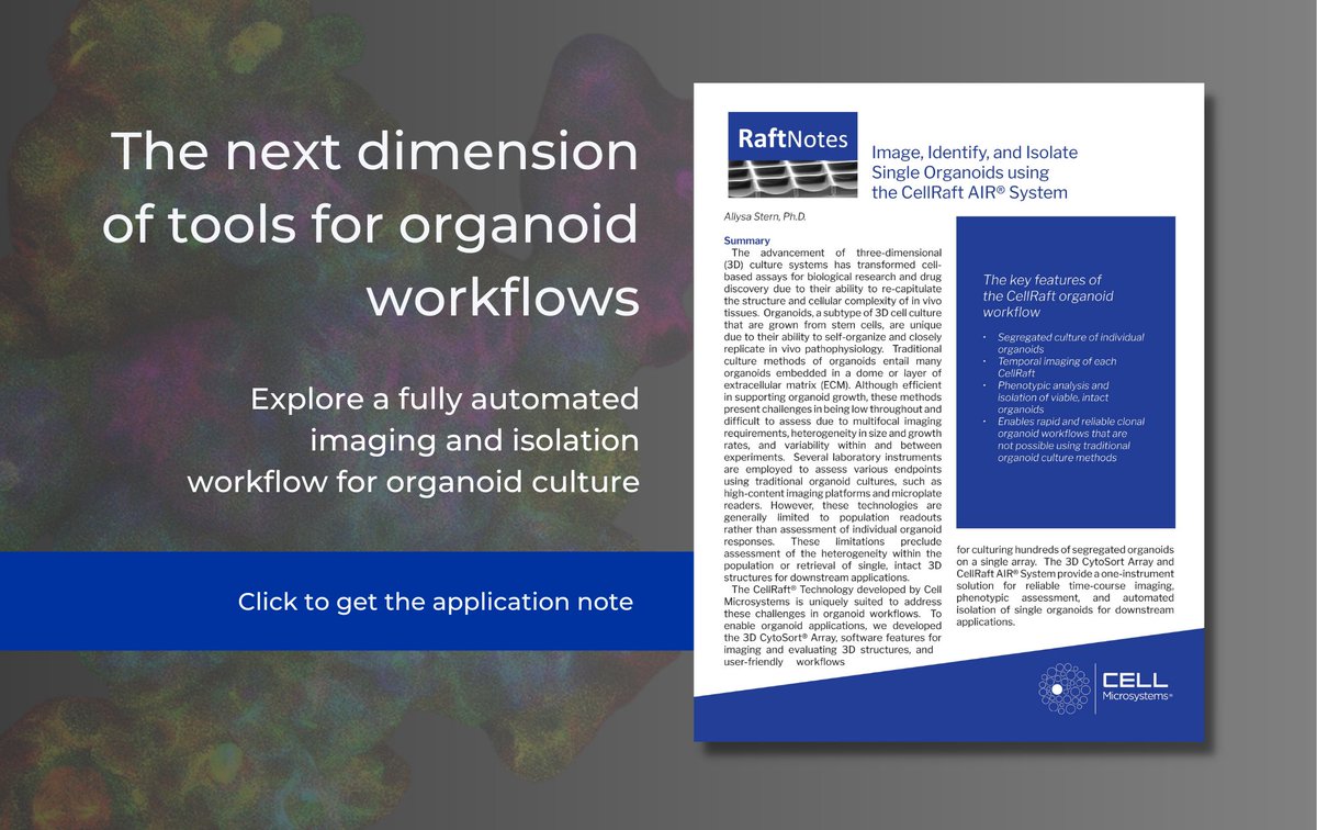 Cell Microsystems (@cellmicrosys) on Twitter photo Typical #organoid cultures produce structures that need expensive imaging equipment, are difficult to retrieve, and generate uninterpretable data. We designed a solution.
hubs.la/Q01hGD9_0
#cellraft #cytosortarray #organoidworkflow Typical #organoid cultures produce structures that need expensive imaging equipment, are difficult to retrieve, and generate uninterpretable data. We designed a solution.
hubs.la/Q01hGD9_0
#cellraft #cytosortarray #organoidworkflow