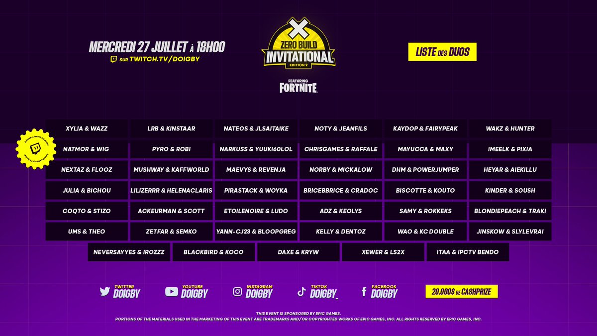 Doigby's tweet photo. Ce soir ça va être le feu ! 🔥

Rdv à 18h pour le tournoi Zero Build Invitational #2 sur @FortniteFR ! Vous supportez quel duo les potes ? https://t.co/uMpPfvoyyz