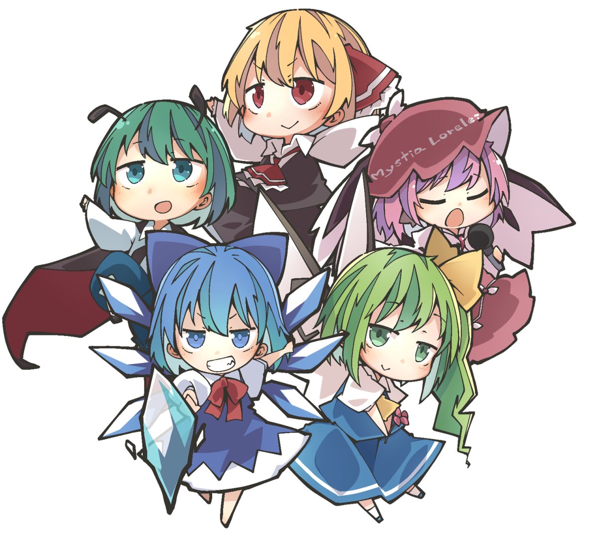 チルノ(東方Project) ,大妖精 ,ミスティア・ローレライ ,ルーミア(東方プロジェクト) ,リグル・ナイトバグ 「バ…ルーミアと愉快な仲間たち! 」|じゃがばたのイラスト