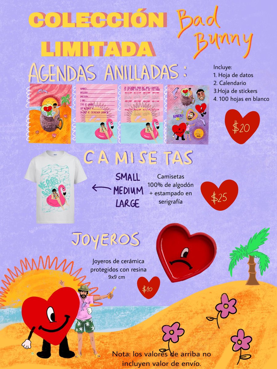 Holi 👹 estoy vendiendo esta colección de Bad Bunny, si conoces a alguien a quien podría gustarle, creería que esto sería lo ideal para esa persona.  

Ayuden a esta estudiante universitaria a tener ingresos pls 👹💜 y si pueden dándole RT, like o lo que que quieran jeje.