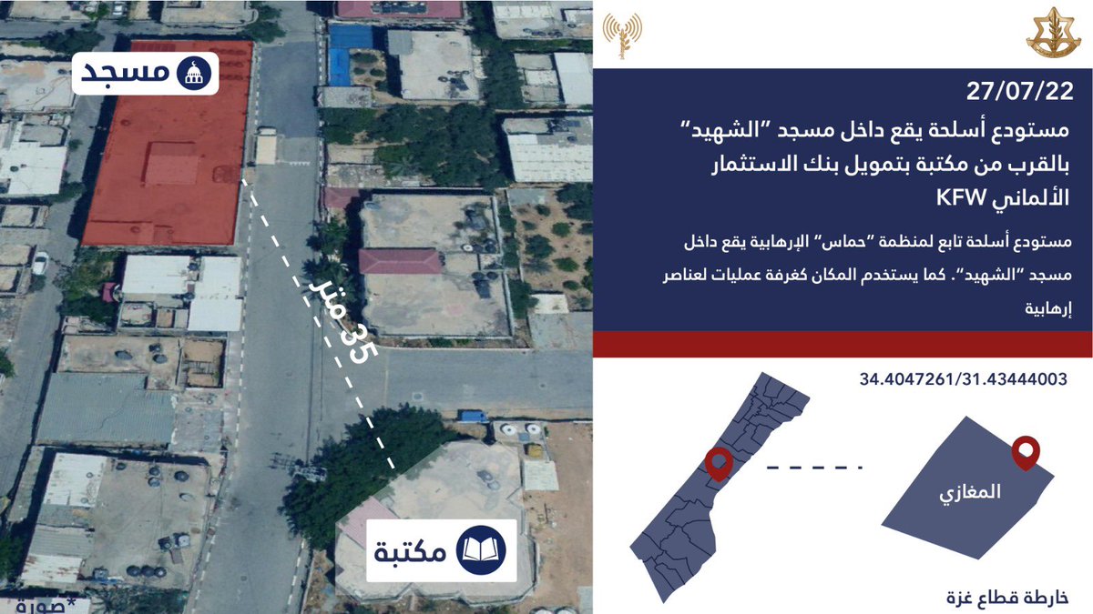 مستودع أسلحة بالقرب من مسجد ومكتبة عامة يقع في عمق حي مدني ويعرض العديد من السكان الأبرياء للخطر