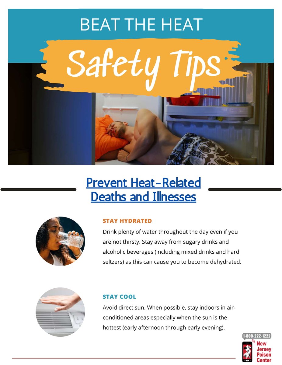 BCCHCNJ's tweet photo. 🔥🥵 Dangerously high temperatures in #NewJersey. 

Hot and humid weather can make you very sick. 

If you're feeling sick, get medical help quickly.
 
@NJPoisonCenter Advisory ➡ https://t.co/MseYzCB0AE 
   
📲 1-800-222-1222

#Health #Heatwave #PoisonControl #PoisonHelp https://t.co/bU9EKAjjkf