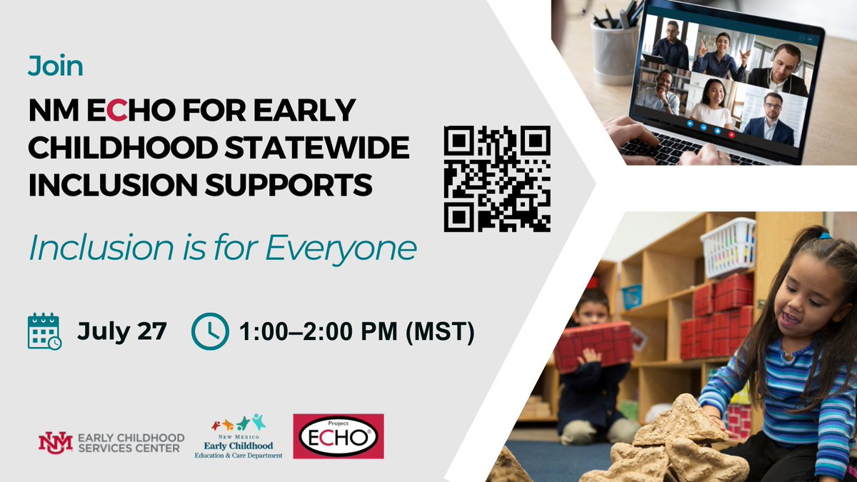 #InvestingInKids requires #Inclusion. Connect with other #EarlyEd teachers in Cohort 2 of ECHO for NM Early Childhood Statewide Inclusion Supports. Join us &amp; <a href="/NewMexicoECECD/">New Mexico Early Childhood Education and Care Dept</a> at today's session, Inclusion is for Everyone at 1:00-2:00pm (MT). Register here: bit.ly/ECHOsis
